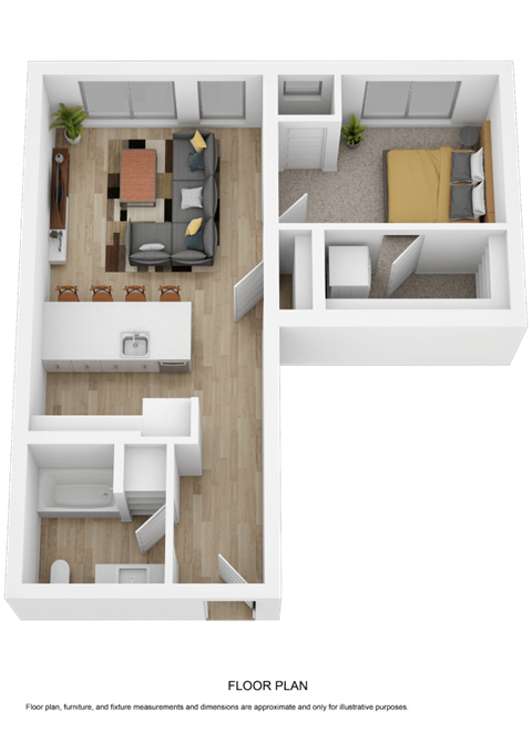 Floor plan for 1 bed, 1 bath, 713 sqft